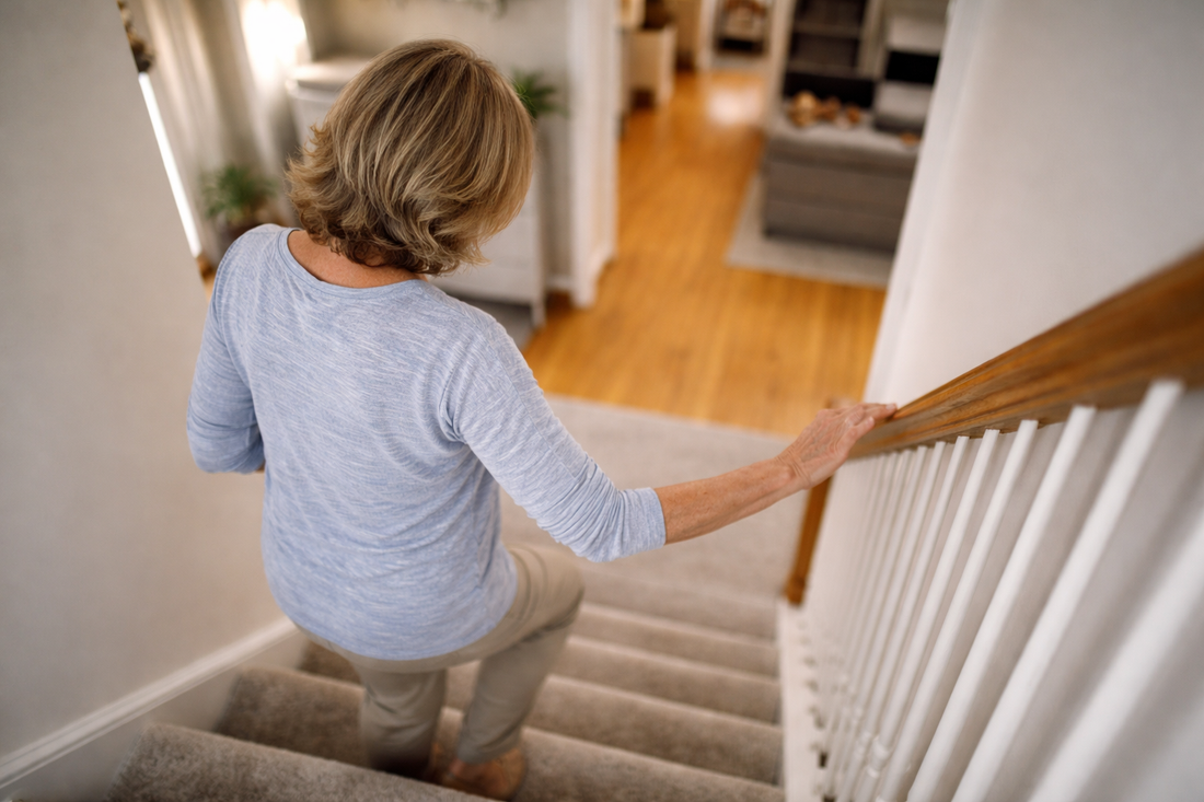 Person in their 50s or 60s walking down a staircase at home while holding the railing, viewed from behind with natural lighting and a realistic everyday setting