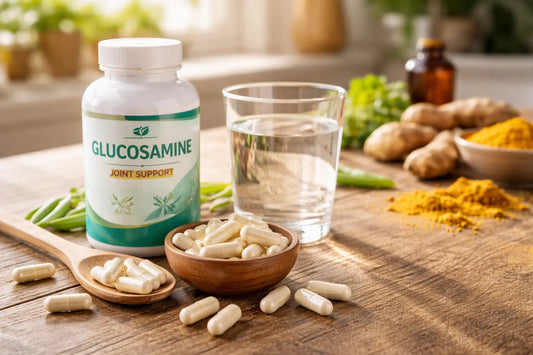 close-up of glucosamine capsules on a wooden table next to a glass of water and natural ingredients in warm sunlight