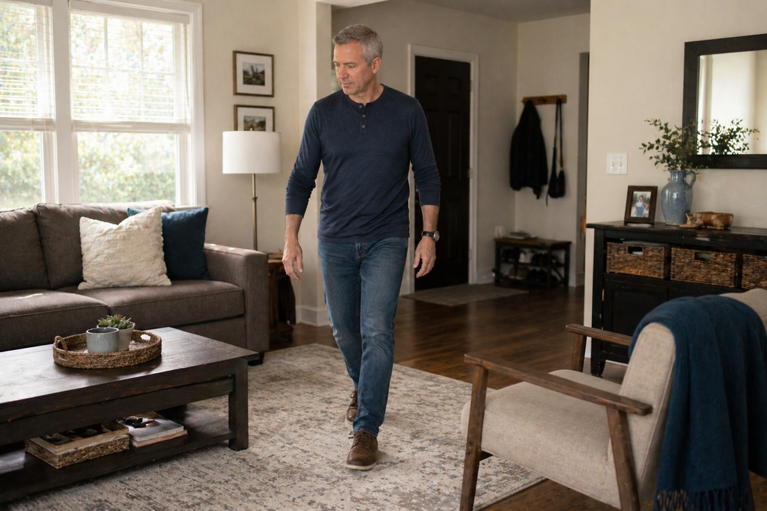 Middle-aged adult fully dressed walking away from a couch in a realistic living room, capturing the natural moment after standing up when the body begins to loosen with movement