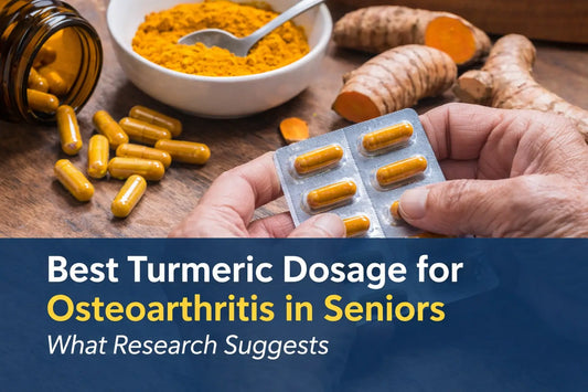 turmeric capsules, turmeric powder in a bowl, and fresh turmeric root on a wooden table representing turmeric dosage for joint support in seniors