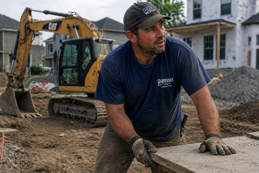 Middle-aged construction worker with stubble working outdoors on a job site with heavy equipment in the background, representing physical work and back strain
