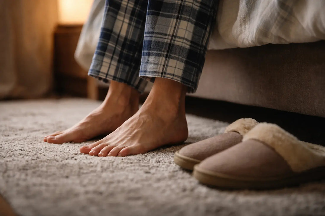 person’s bare feet touching the floor next to their bed in the morning with slippers nearby, illustrating ankle stiffness or pain when first standing up