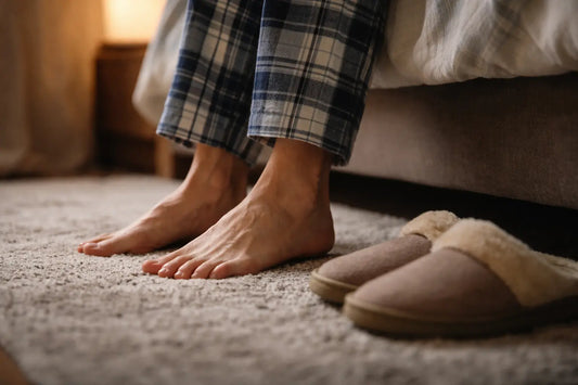 person’s bare feet touching the floor next to their bed in the morning with slippers nearby, illustrating ankle stiffness or pain when first standing up