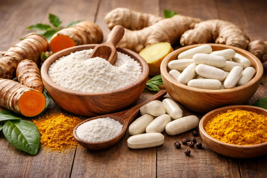 wooden bowls of glucosamine sulfate powder, turmeric powder, turmeric root, ginger root, and joint support capsules arranged on a rustic wooden table in natural light