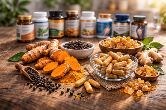 High-quality joint supplement ingredients with turmeric, BioPerine black pepper, and capsules, representing third-party tested and USA-made supplement standards.