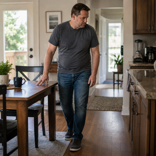 Slightly overweight middle-aged man standing up from a kitchen table with mild knee stiffness.