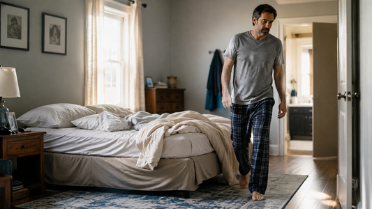 man walking next to his bed with knee joint pain in the morning