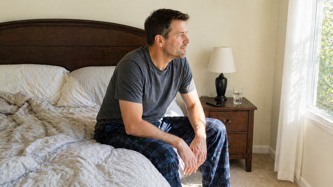 Middle-aged man sitting on the side of his bed in a naturally lit bedroom in the morning, with a relaxed slightly stiff posture and lived-in surroundings