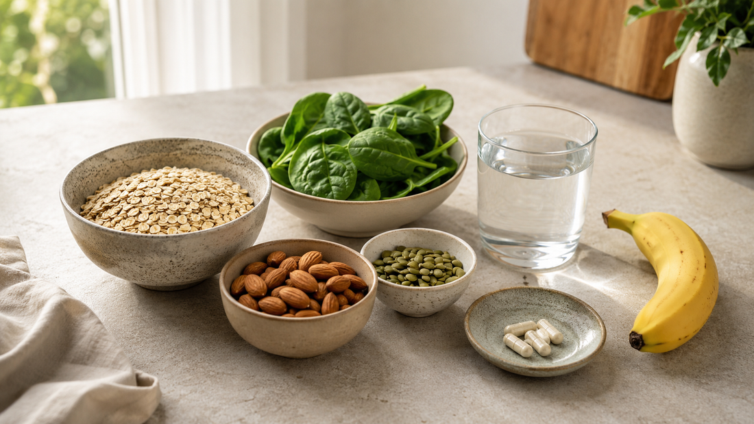 Magnesium-rich foods including oats, spinach, almonds, pumpkin seeds, banana, water, and capsules on a kitchen counter.