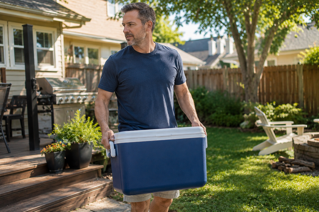 Middle-aged man carrying a cooler across a backyard on a summer day, representing everyday physical strain and joint stiffness from normal