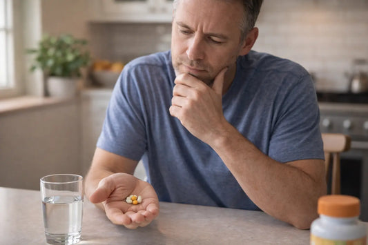Middle-aged man with light stubble sitting at a kitchen counter holding supplement capsules in his hand and thoughtfully examining them in soft natural light