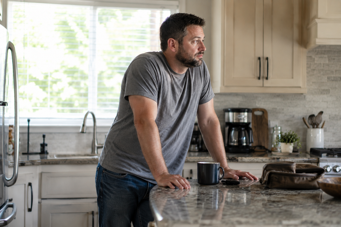 Middle-aged man standing in a kitchen with coffee in the morning, representing lingering fatigue, stiffness, and not feeling fully recovered after rest