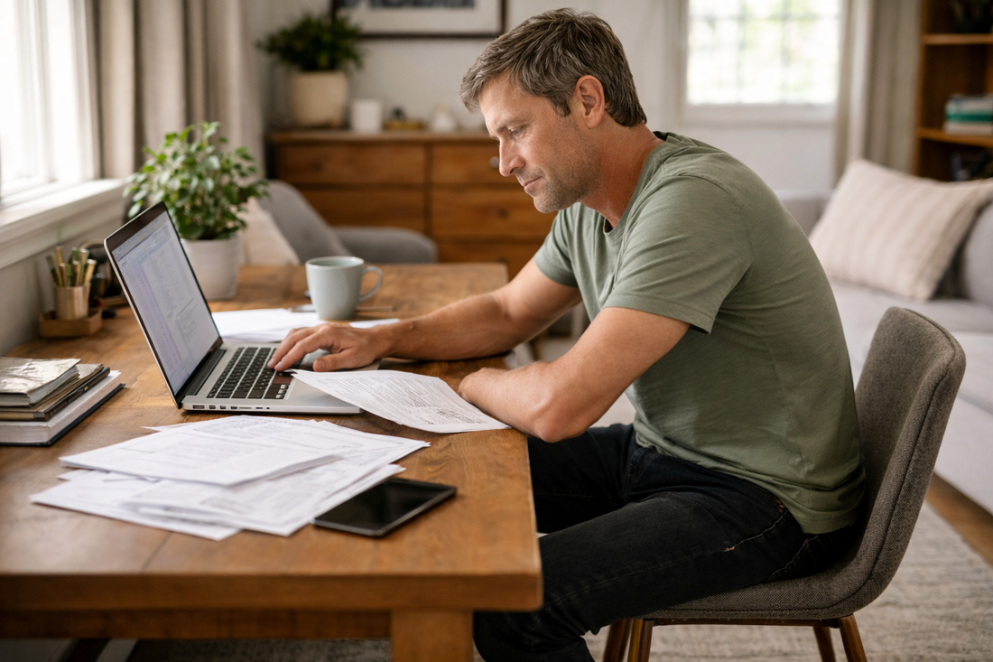 Middle-aged man sitting slightly slouched at a desk working on a laptop in a lived-in home setting with natural daylight, papers, phone, and coffee mug on the table