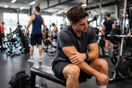 man sitting on a gym bench casually rubbing his elbow during a workout rest, with other people training in the background