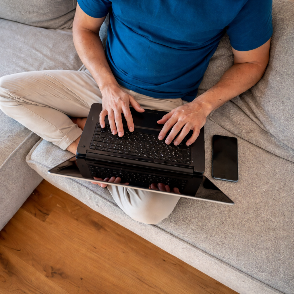 Man sitting cross-legged on a couch using a laptop with a phone nearby, casual everyday home setting with natural lighting