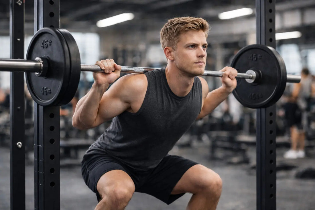 man performing a barbell squat in a gym with natural lighting, showing realistic form and slight sweat during a workout