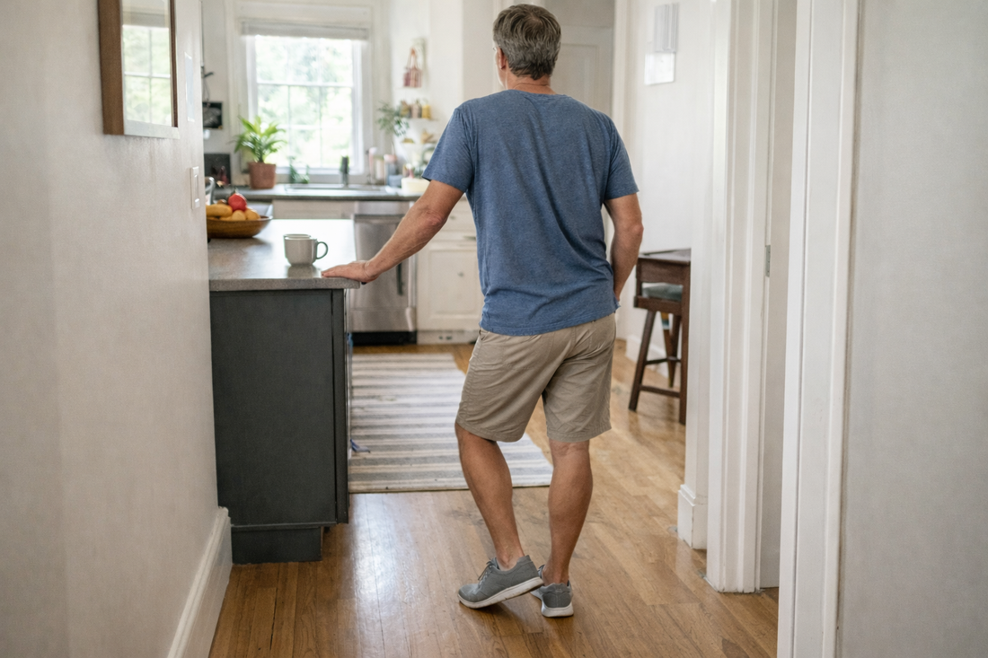 Middle-aged man standing in a kitchen at home with a subtle uneven stance, lightly leaning on the counter in natural daylight and a realistic everyday setting