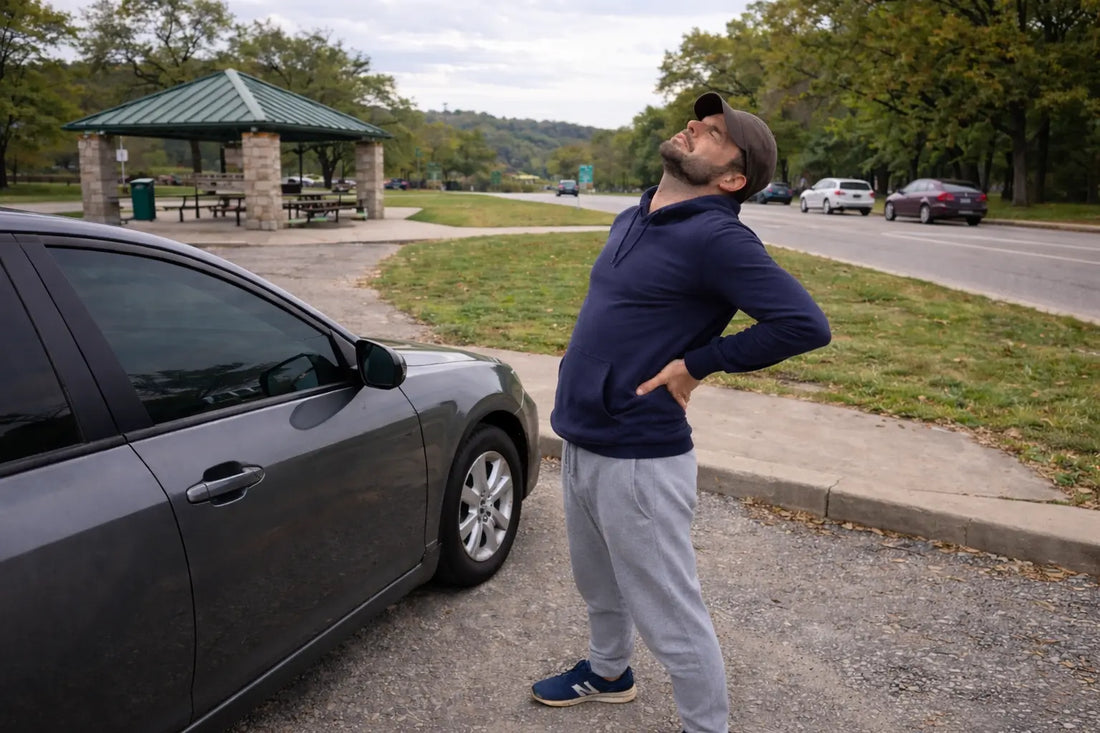 Man stretching his lower back next to his car at a highway rest stop after a long drive