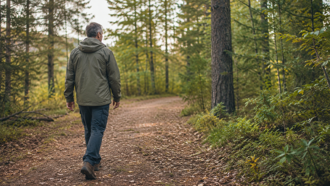 Middle-aged man walking along a wooded Minnesota trail to support healthy joints and everyday mobility.