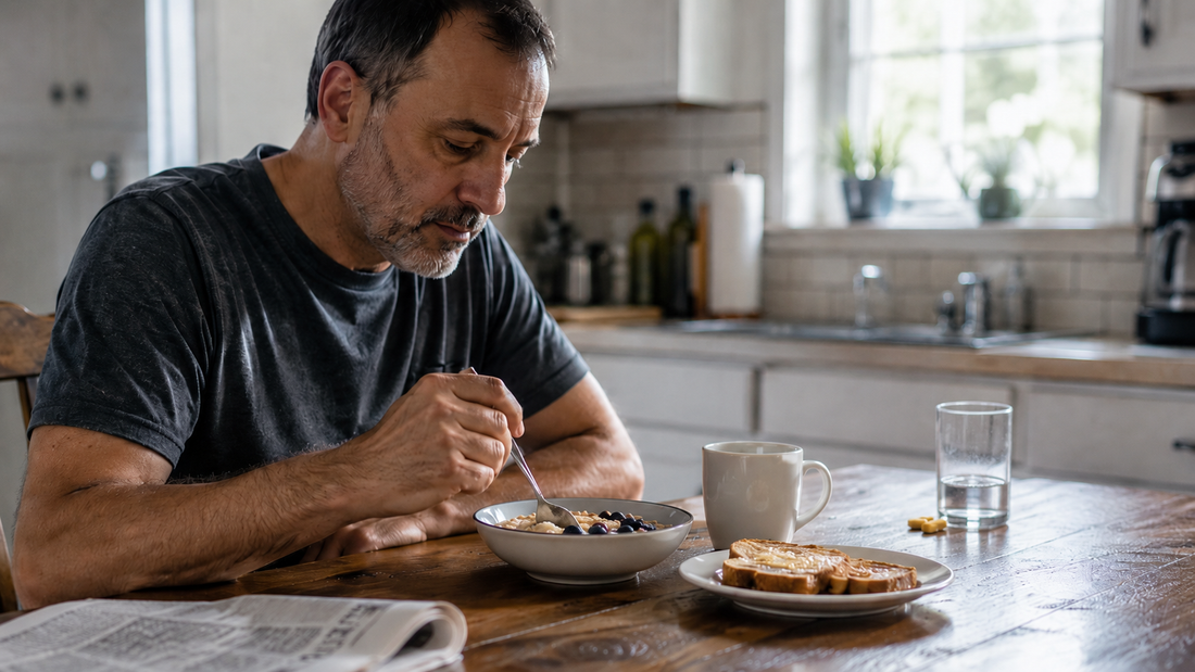 Middle-aged man eating breakfast at a kitchen table, with a half-full glass of water and a couple of yellow pills nearby in soft natural morning light.