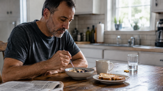 Middle-aged man eating breakfast at a kitchen table, with a half-full glass of water and a couple of yellow pills nearby in soft natural morning light.