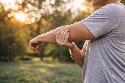 person outdoors in a park gently holding their elbow while stretching arm during golden hour sunlight suggesting mild joint stiffness