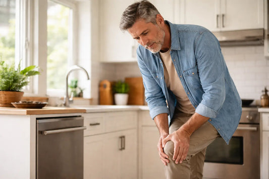 middle-aged man standing in a bright kitchen gently holding his knee, showing early signs of knee cartilage discomfort