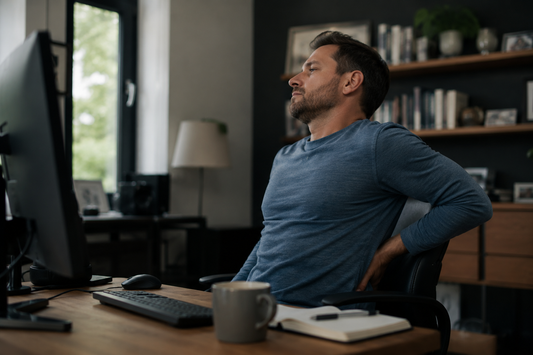Man in his early 40s sitting at a desk, leaning back in an office chair and holding his lower back from stiffness after prolonged sitting.