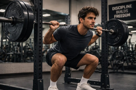 man doing weighted squats in the gym