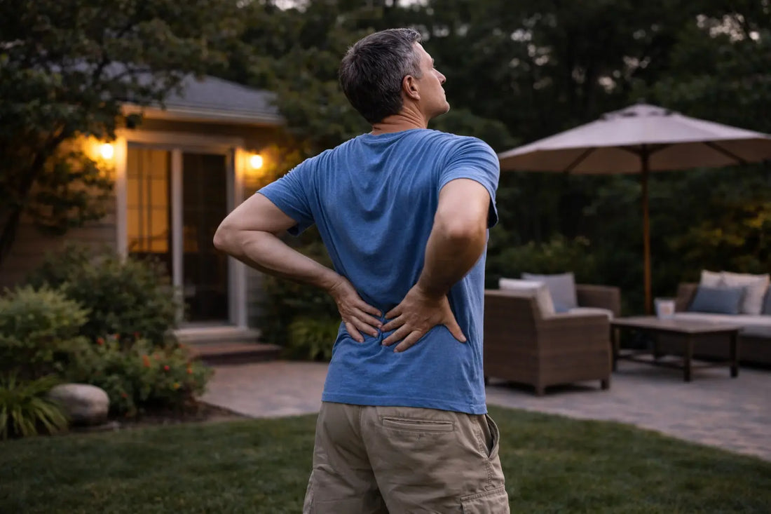 Middle-aged man standing in his backyard in the evening, seen from behind stretching his back with hands placed higher on his back, under soft natural outdoor lighting