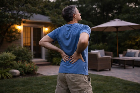 Middle-aged man standing in his backyard in the evening, seen from behind stretching his back with hands placed higher on his back, under soft natural outdoor lighting