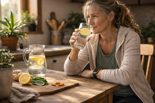 middle-aged woman sitting at a kitchen table drinking lemon water with turmeric capsules on the counter in natural morning light