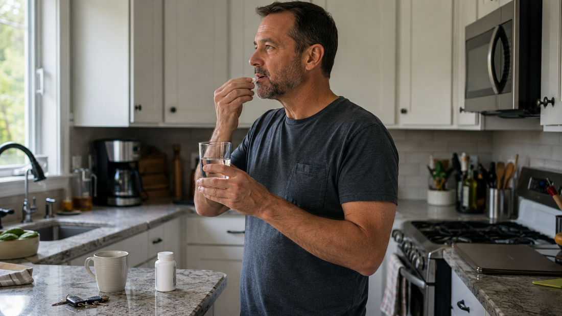 Middle-aged man taking a joint supplement with a glass of water in a naturally lit kitchen.