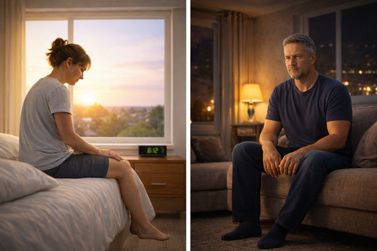 Woman sitting on the edge of a bed in the morning with one hand on her knee and feet hanging naturally, and a man sitting on a couch at night in socks with a neutral expression, illustrating how joint discomfort can feel different throughout the day