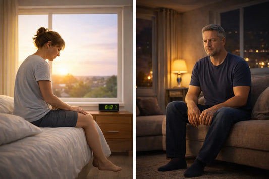 Woman sitting on the edge of a bed in the morning with one hand on her knee and feet hanging naturally, and a man sitting on a couch at night in socks with a neutral expression, illustrating how joint discomfort can feel different throughout the day