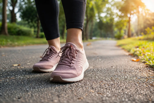 close-up of a woman walking on a paved path wearing pink athletic shoes, illustrating foot pain or discomfort during walking