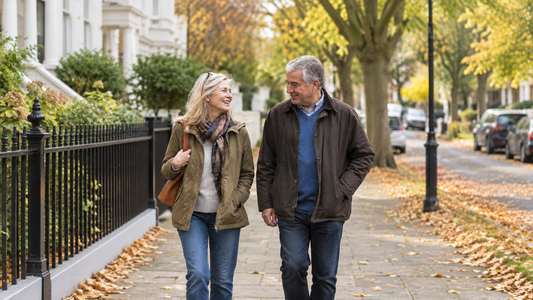 Couple in their 50s or 60s walking together outdoors on a tree-lined sidewalk, representing healthy aging and everyday movement.