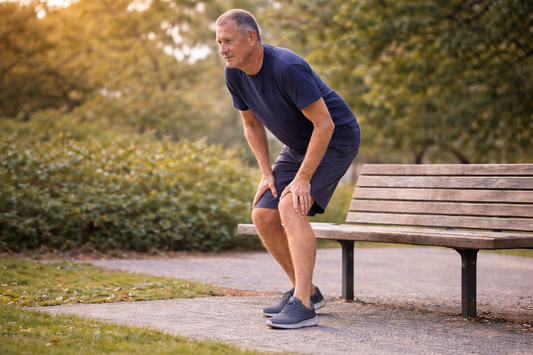 man standing up from bench at sunset reflecting on joint stiffness after sitting