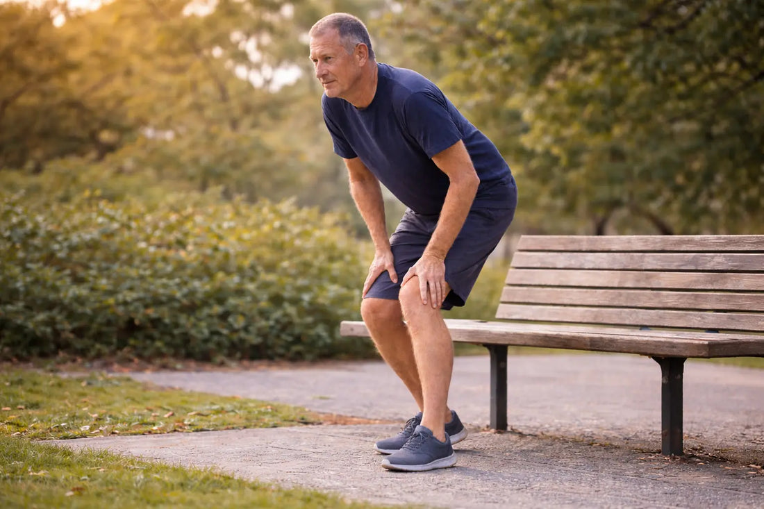 man standing up from bench at sunset reflecting on joint stiffness after sitting