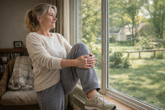 middle-aged woman doing a gentle knee stretch indoors by a window with a backyard visible outside