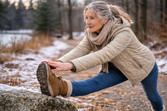 older woman stretching hamstring outdoors on a rock along a winter walking trail