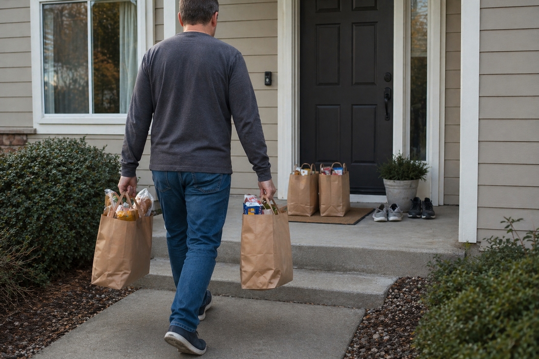 Middle-aged adult walking up to their front door carrying grocery bags with additional bags on the step, showing a realistic everyday moment of multiple trips bringing groceries inside