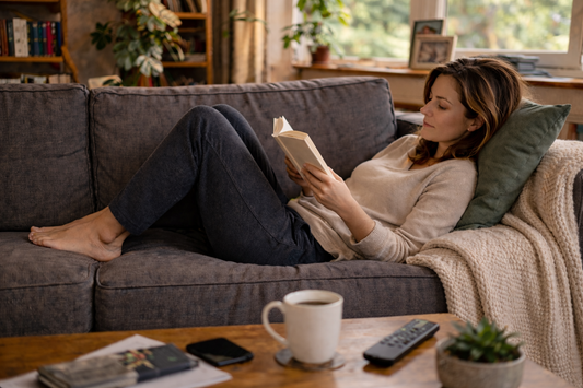 relaxing with a good book on the couch