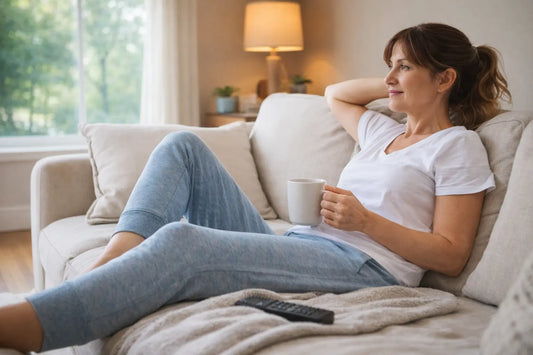 Middle-aged woman relaxing on a couch at home holding a coffee mug in soft natural light, representing a calm rest day indoors