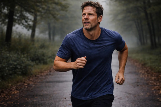 man jogging on a quiet path in a foggy morning with slightly messy hair and light sweat, showing a natural everyday workout moment