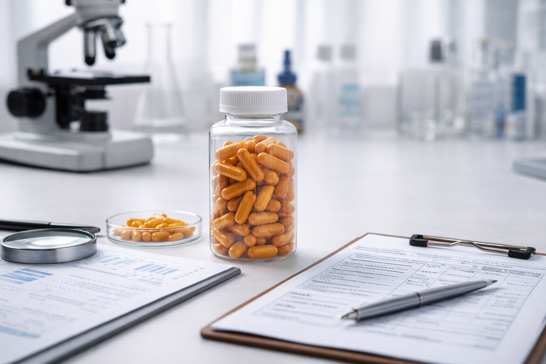Close-up of orange supplement capsules in a clear bottle on a clean laboratory bench with lab reports and testing tools, representing third-party supplement testing and quality verification