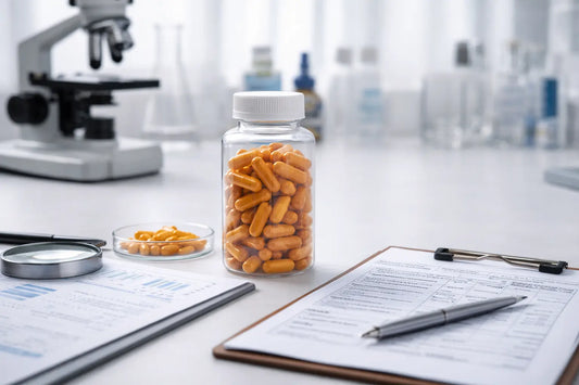Close-up of orange supplement capsules in a clear bottle on a clean laboratory bench with lab reports and testing tools, representing third-party supplement testing and quality verification