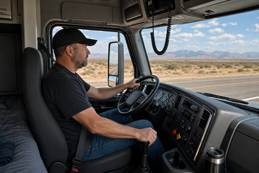 Middle-aged truck driver driving a semi truck from a passenger seat perspective in a realistic modern cab with natural daylight and highway visible through the windshield