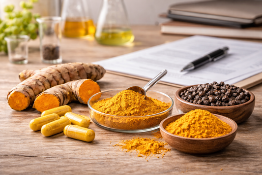 Turmeric root, turmeric powder, black peppercorns, and capsules arranged on a desk with research notes in the background illustrating ingredients studied for inflammation and curcumin absorption.