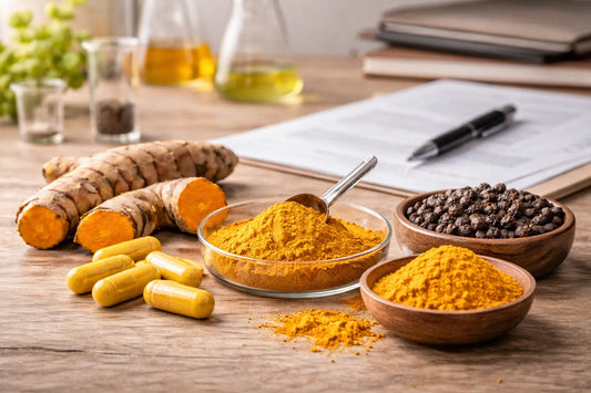 Turmeric root, turmeric powder, black peppercorns, and capsules arranged on a desk with research notes in the background illustrating ingredients studied for inflammation and curcumin absorption.